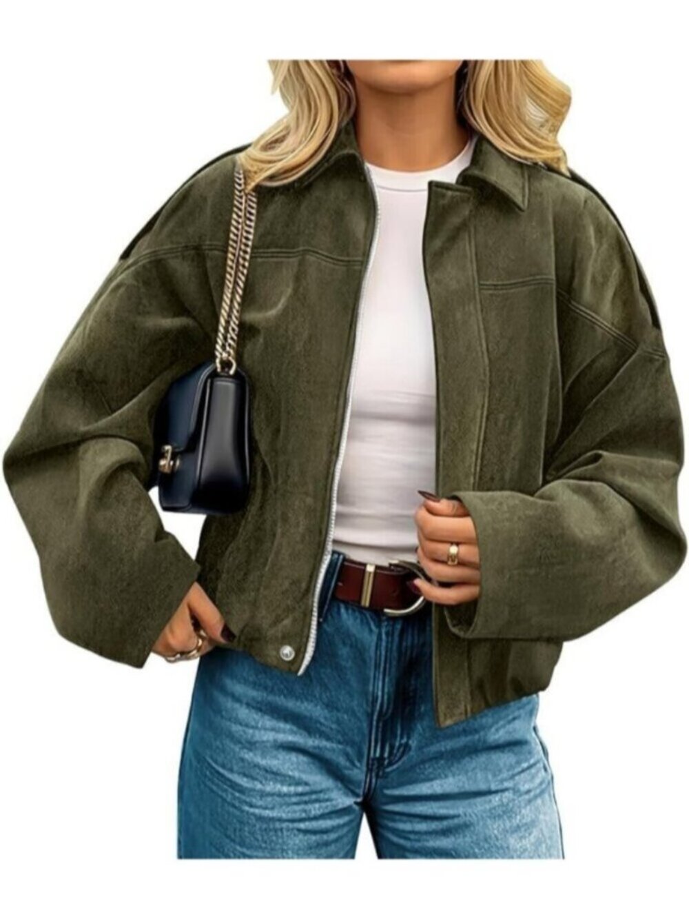 Womens Olive Faux Suede Oversized Cropped Open Front Zipper Trendy Bomber Jacket